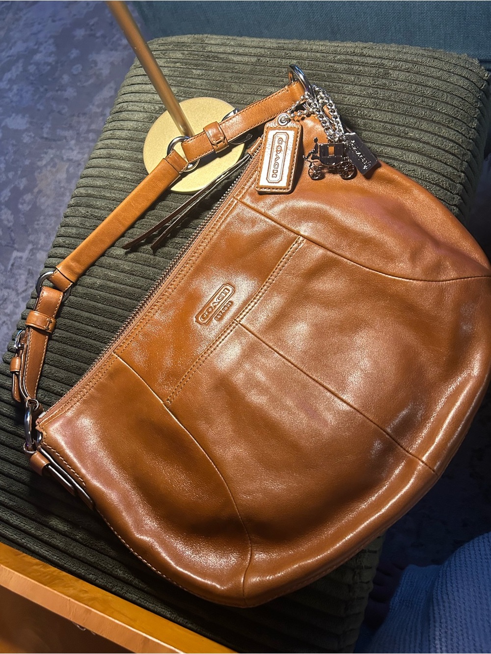Coach Cognac Brown Leather Shoulder Bag with Logo Charms